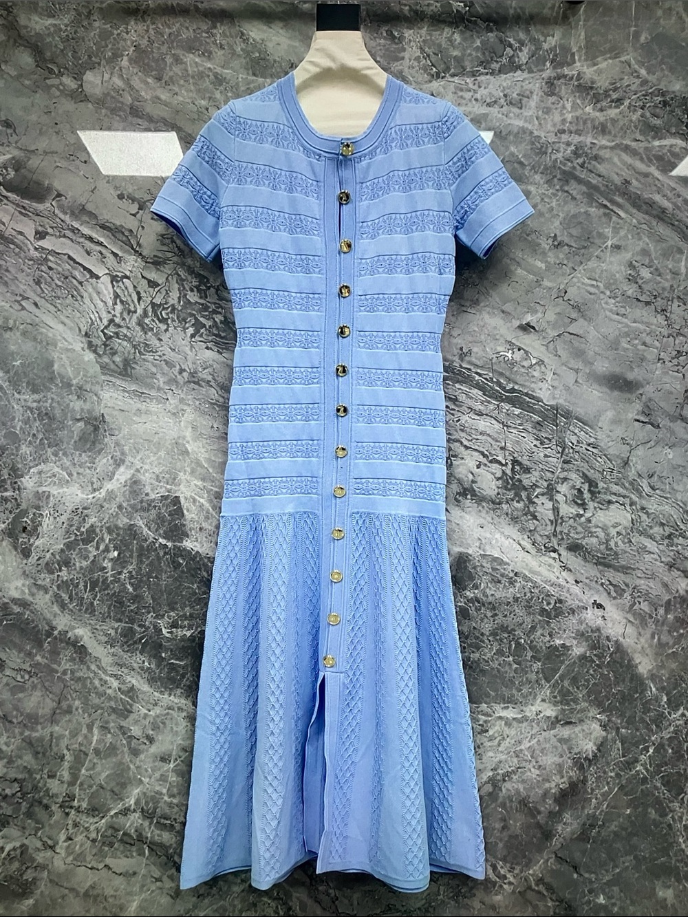 Sandro Light Blue Knit Maxi Skirt Dress with Gold Buttons